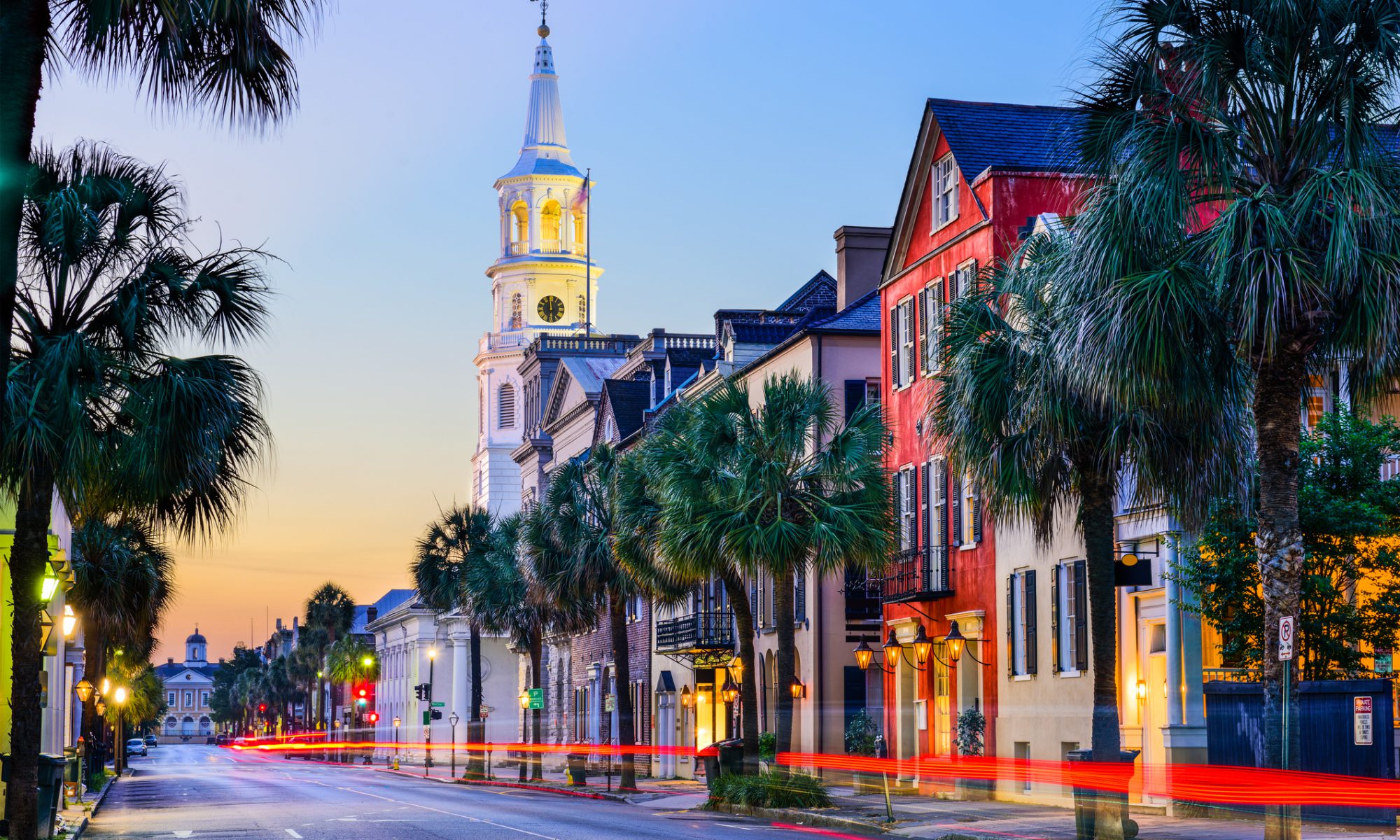 Charleston, South Carolina, USA cityscape in the historic French Quarter at twilight.