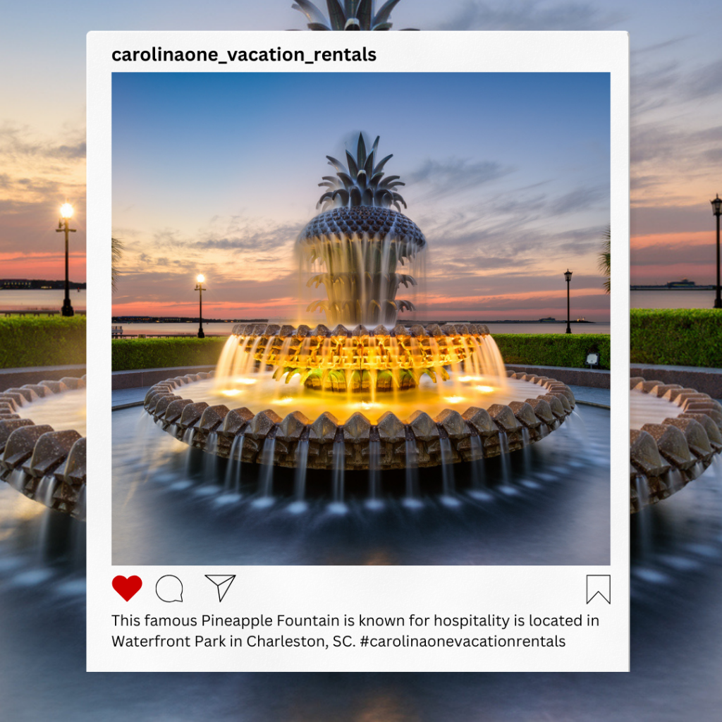 This picture showcases the Pineapple Fountain in Charleston, SC, with an Instagram post-like picture on top sharing where it is. 
